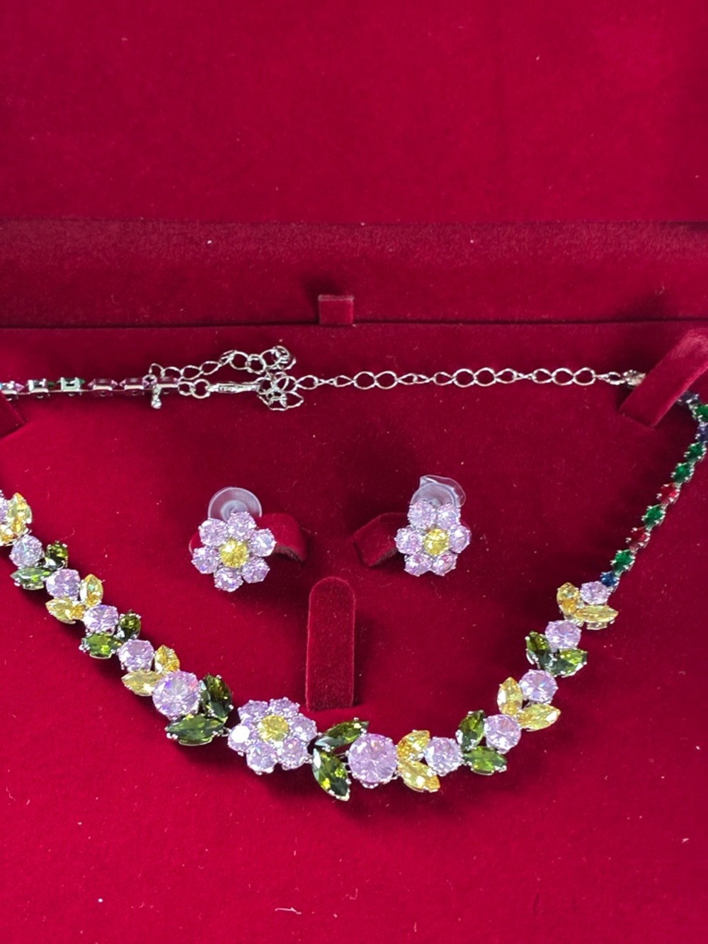 Floral Crystal Necklace & Earrings Set in Yellow, Green, and Pink